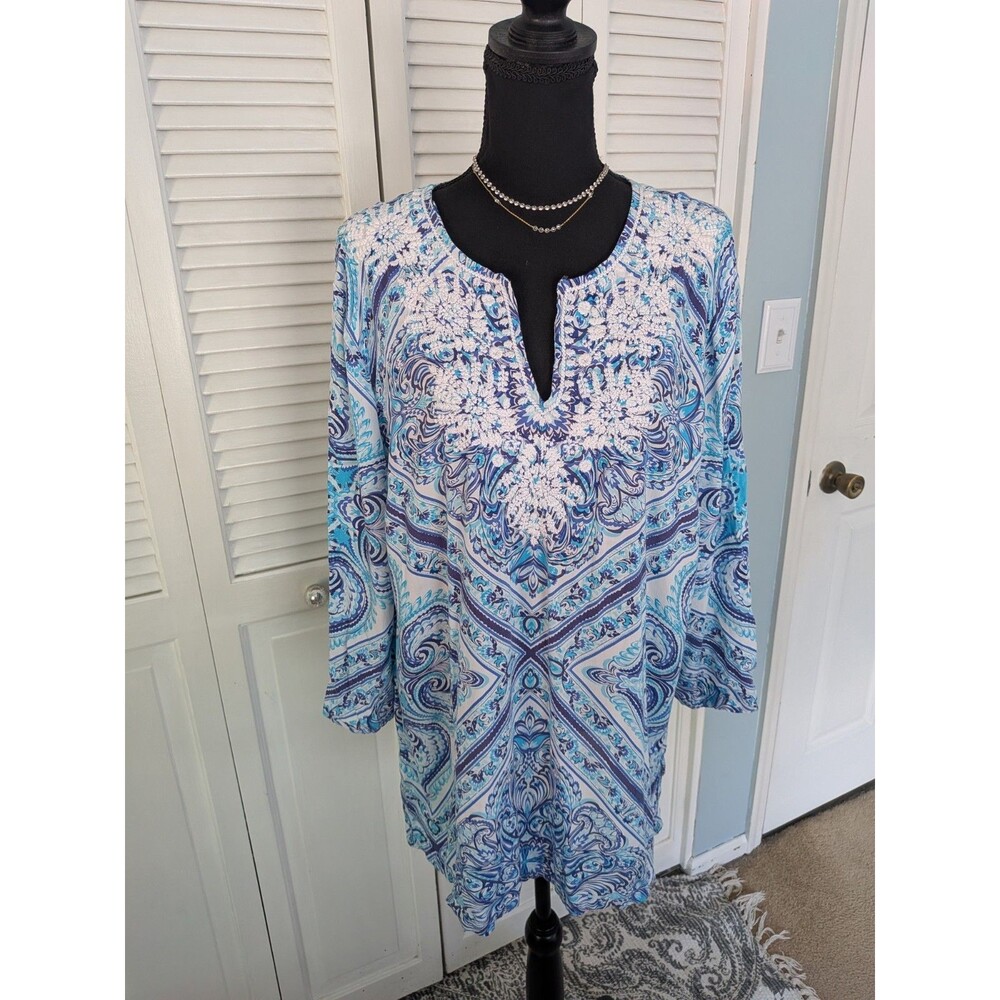 Charter Club Top Women's 2X Coastal Blue White Paisley Embroidered V-Neck Tunic
